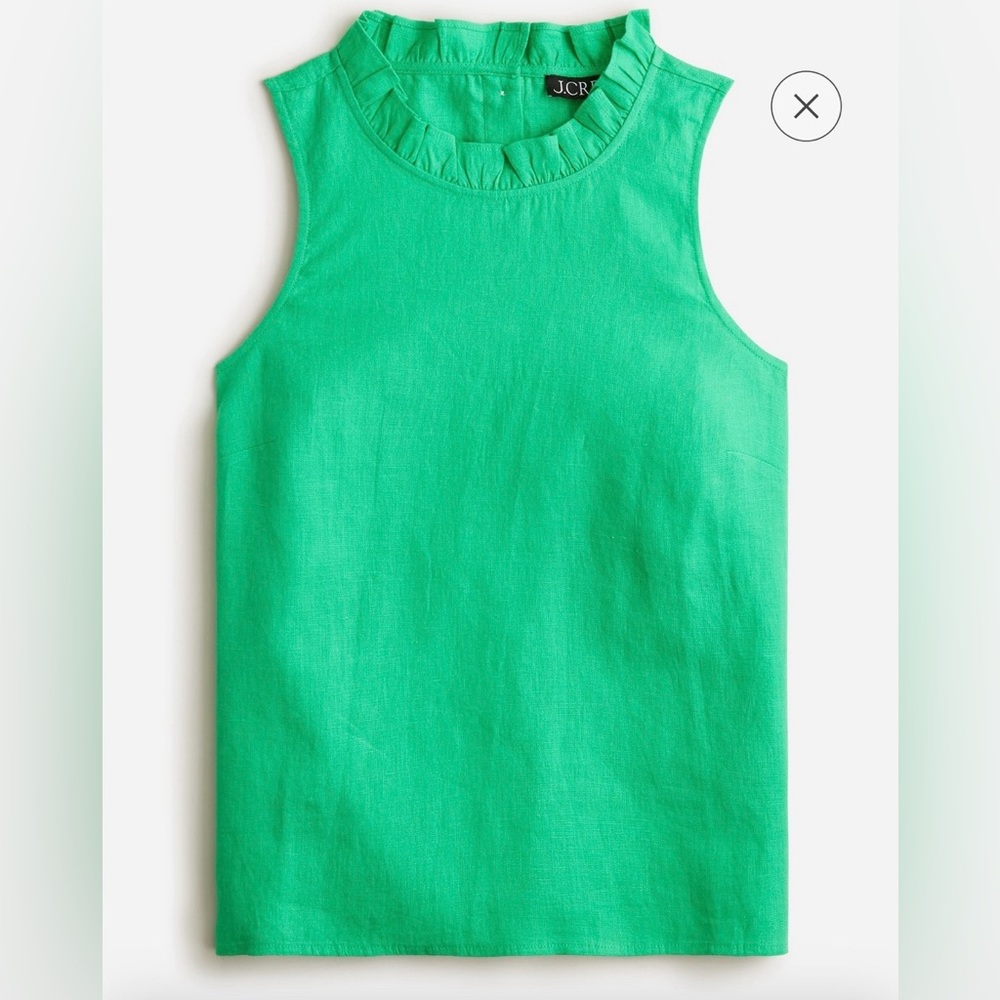 NWT J.Crew Fleur Green 100% Linen Ruffle Tank Top L